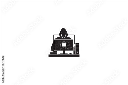 computer hacker silhouette with a simple, understated design set against a white background