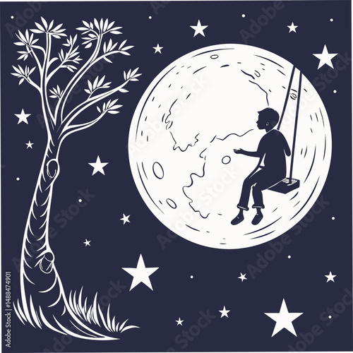 Boy swinging on moon night sky stars tree