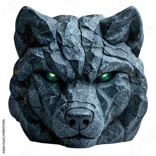 Obsidian stone carved into a wolf?s head, set with glowing green eyes, isolated on white background.