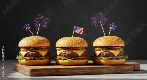 Festive Trio: Patriotic Mini Burgers with American Flag and Firework Toppers