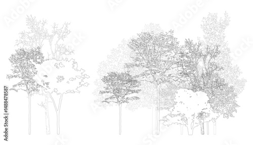 Architectural Drawings, Minimal style cad tree line drawing, Side view, set of section wetland forest outline for landscape design drawing. Vector illustration in seperate element