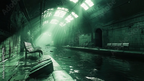 Eerie Abandoned Subway Tunnel: Sunlight Streaming into a Dark, Overgrown and Forgotten Underground Passage.
