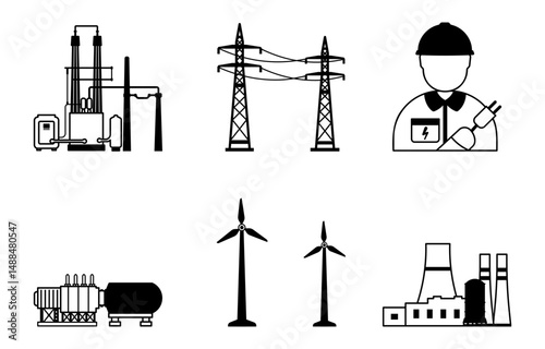 Minimalist black and white line icons showing various energy types: wind, nuclear, electric, fuel, oil and gas. Simple outline style, clean and isolated.