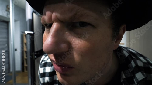 Peeping with the eyes is cunning. Human emotions. A man in a hat. Squinting, looking into the camera lens with his eye. Slow motion