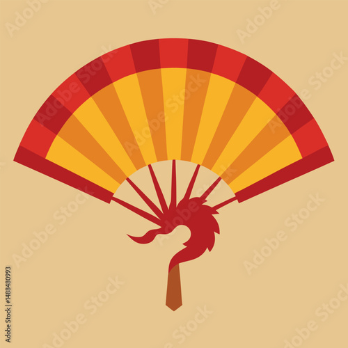 Colorful paper fan design on a vibrant red background with a spectrum art illustration