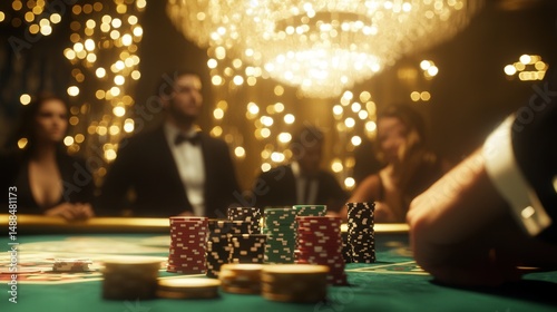 Stack of poker chips on a casino table, representing high stakes gambling and luxury lifestyle, close-up shot.
