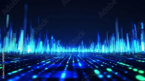 Digital Cityscape with Blue Neon Lights