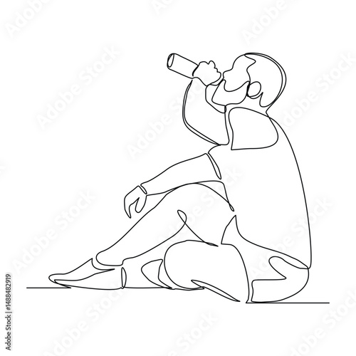 Continuous line drawing of sporty man drink energy water from bottle. One single sketch art concept of healthy life style. Vector illustration editable stroke
