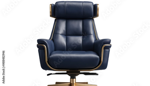 Elegant Navy Blue Leather Executive Office Chair with Gold Accents on a White Background