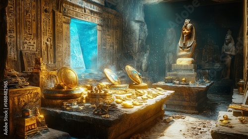Ancient Pharaoh's Tomb Interior: Ornate Stone Chamber with Golden Treasures, Hieroglyphs, and Mystical Lighting.
