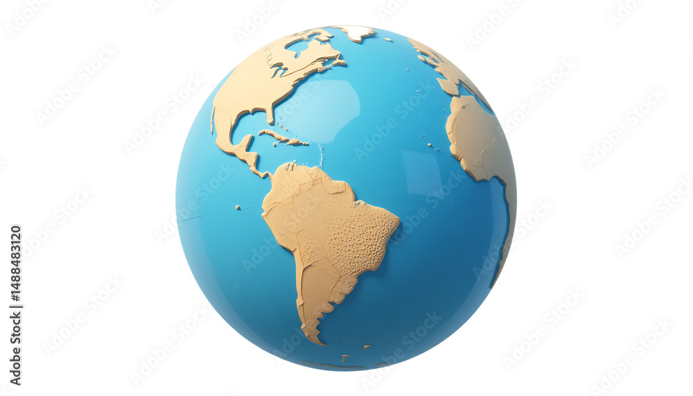 Fototapeta premium Stylized 3D Earth Globe with Detailed Continents and Blue Oceans on Isolated White Background