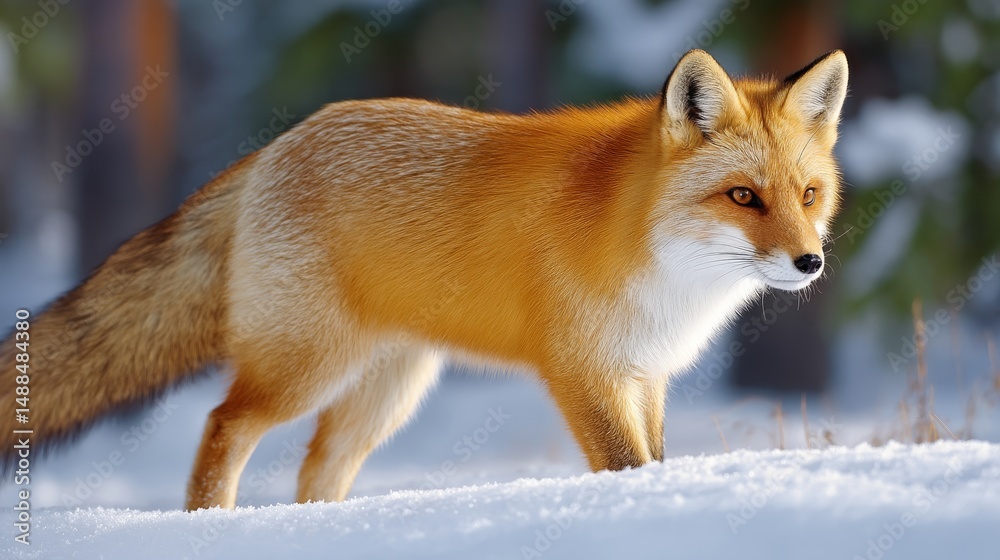 Obraz premium Majestic Fox Walking Silently Through Snowy Landscape with Tail Brushing Against Pristine Snow