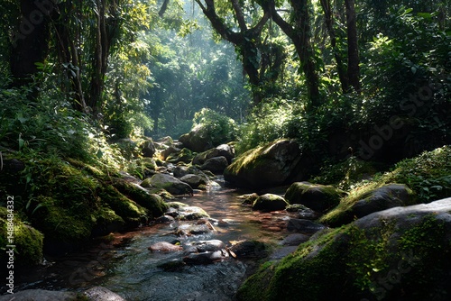 Tranquil Nature Scene with Stream and Lush Greenery in Forest Light