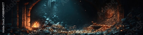 Ancient Treasure Hoard: Gold Coins and Artifacts in a Dark, Stone Chamber, Fantasy and Adventure Stock Photo.
