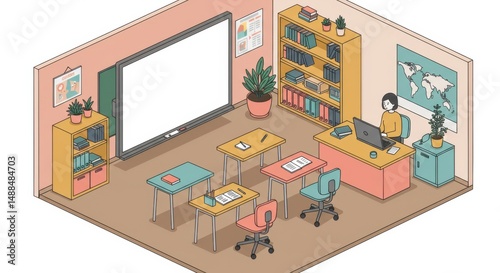 Modern Classroom Interior with Teacher and Students