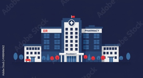 Modern Hospital Building at Night with Pharmacy and ER