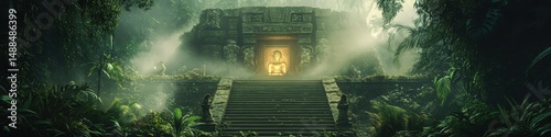 Ancient Stone Stairway Leading to Glowing Portal in Lush Overgrown Jungle Ruins, Mystical Fantasy Landscape