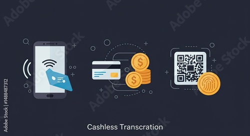 Modern illustration of cashless transaction methods with smartphone and QR code