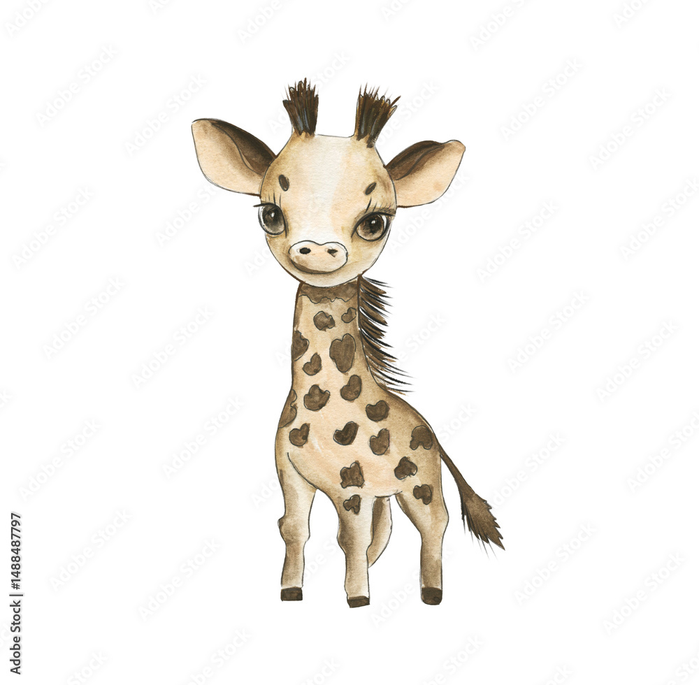 Fototapeta premium Cute watercolor giraffe illustration with playful expression and soft colors for children's decor