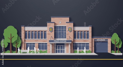 Modern Police Station Building Exterior with People