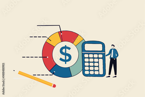 Cost structure, expense and income balance calculation, revenue, debt and investment analysis, money management, budget or saving concept, businessman with calculator with pie chart of cost structure.