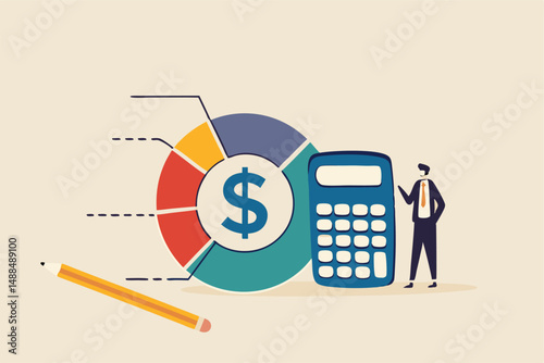 Cost structure, expense and income balance calculation, revenue, debt and investment analysis, money management, budget or saving concept, businessman with calculator with pie chart of cost structure.
