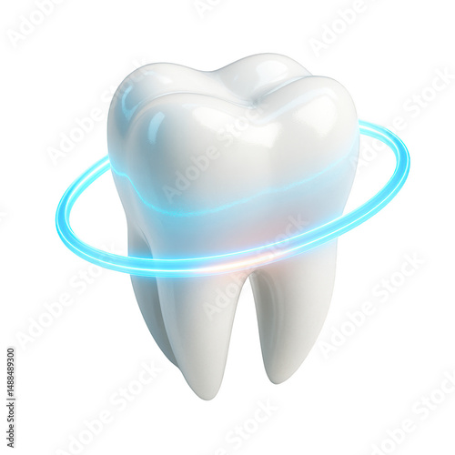 Healthy Tooth: A pristine, gleaming molar is encased in a gentle, illuminating aura, symbolizing dental health, hygiene, and the science of dentistry.