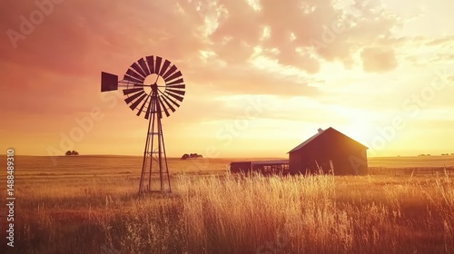 Serene sunset over a rural landscape featuring a windmill and farmhouse in golden fields
