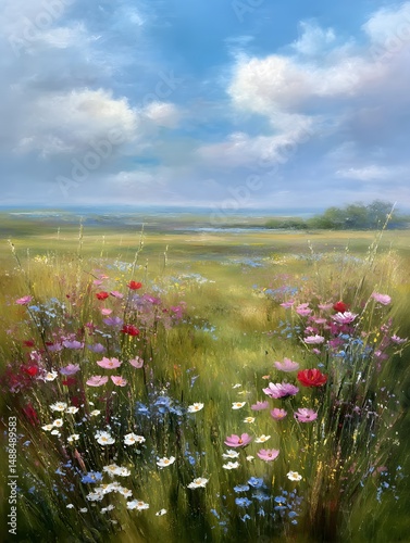 Colorful Wildflower Meadow Under Bright Blue Sky and Soft Clouds