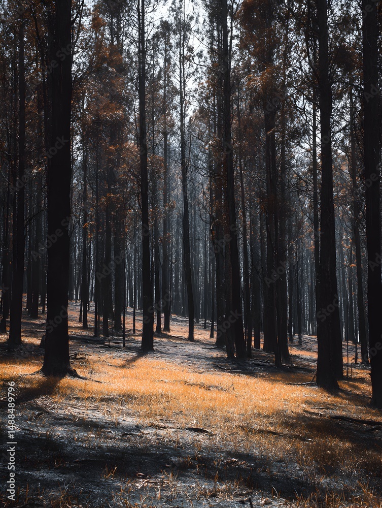 Fototapeta premium Dark Forest Landscape with Charred Trees and Orange Grass