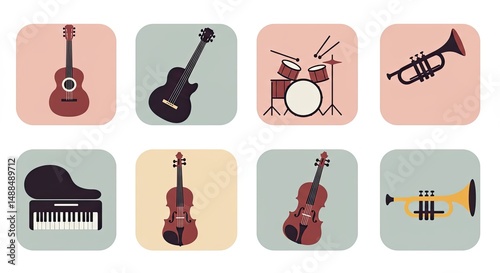 Musical instruments icons in a flat design style arranged on a white background