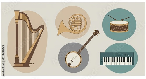 Musical instruments illustration featuring a harp, horn, banjo, drum, and keyboard