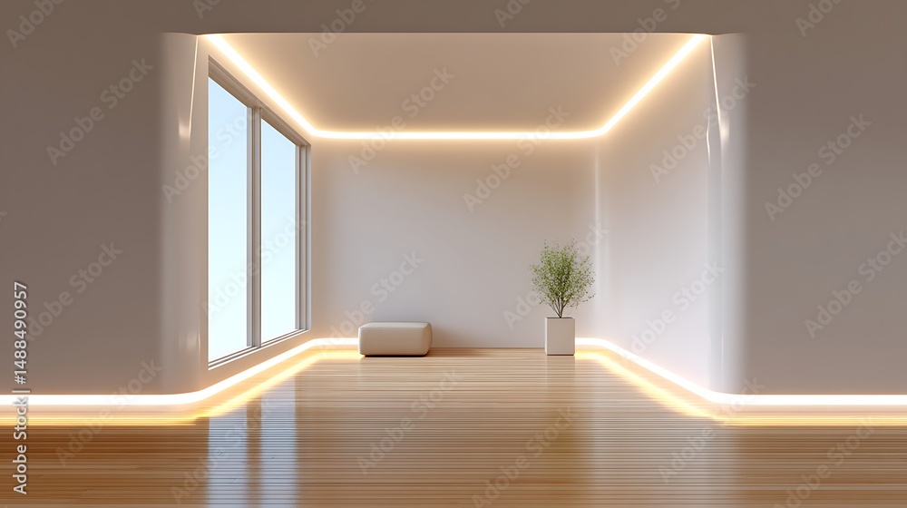 Fototapeta premium Modern minimalist room with LED lights, and calm space.