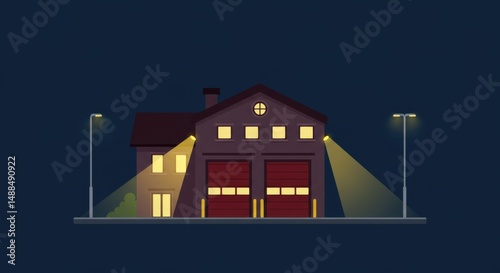 Nighttime Fire Station with Streetlights Illumination