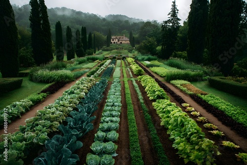 Lush Garden Rows with Varied Vegetables and a Misty Background