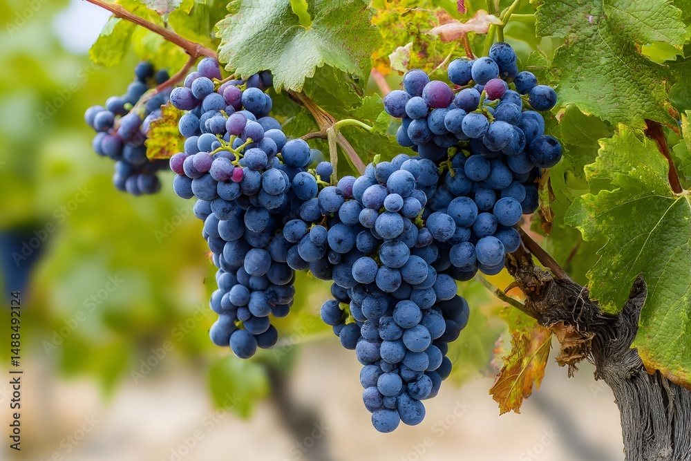 Naklejka premium Fresh Blue Grapes Hanging on Vine with Lush Green Leaves