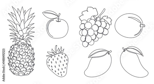 Outlined fruits illustration featuring pineapple, apple, grapes, and mangoes for design