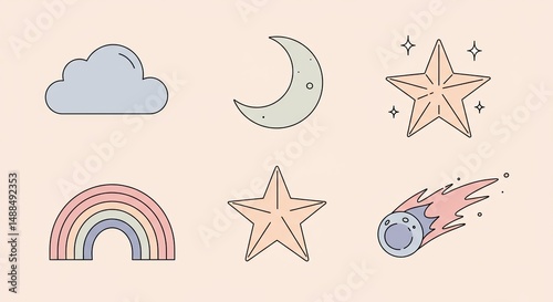 Pastel Sky Elements Set: Cloud, Moon, Stars, Rainbow, and Shooting Star