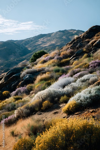 Vibrant Wildflower Landscape on Rocky Hills During Clear Daylight