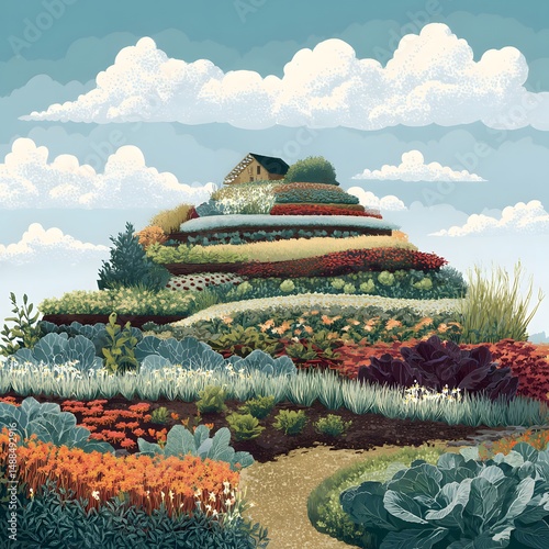 Colorful Landscape with Terrace Gardens under a Blue Sky
