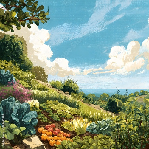 Vibrant Natural Landscape with Vegetation and Cloudy Sky