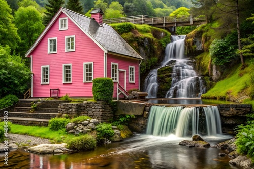 Scenic suburban property with forest and flowing river peaceful waterfall format for housing marketing template or brochure ad design olgamcs backgrounds ads business
