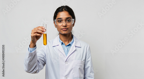 Female scientist in lab coat holding test tube with yellow liquid

