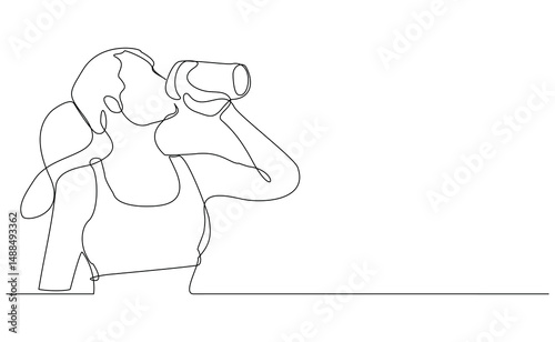 Continuous line drawing of sporty woman drink energy water from bottle. One single sketch art concept of healthy life style. Vector illustration editable stroke