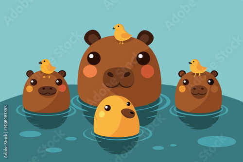 Cute Capybaras and Baby Birds Swimming in a Lake