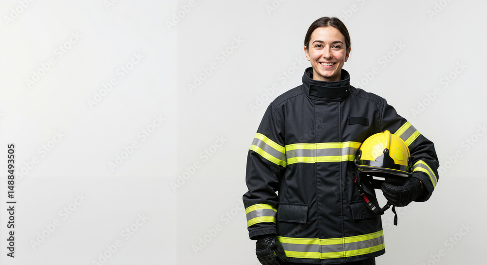 Smiling female firefighter in uniform holding helmet Smiling female firefighter in uniform holding helmet