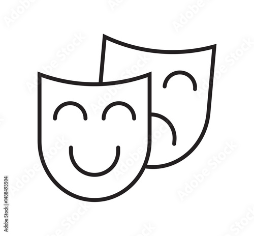 Theatrical mask icon set. Happy and sad signs. Comedy and tragedy masks for fholiday festival, theatr and masquerade. 
Drama and comedy theater mask vector icon set. Theatrical masks icons.

