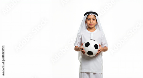 Arab boy in traditional clothing holding soccer ball on white background