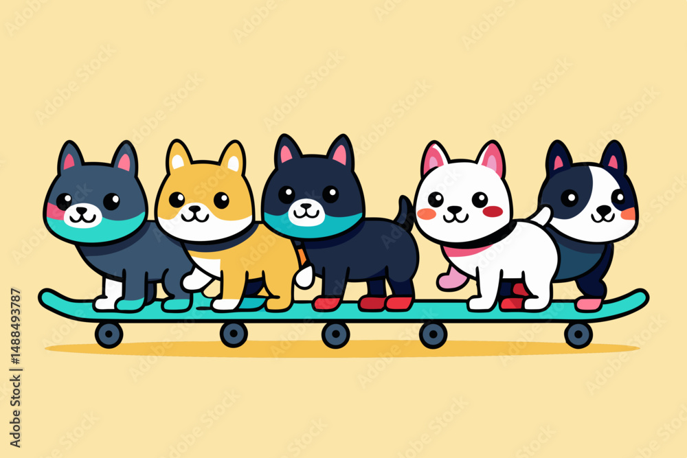 Five Cute Cartoon Dogs Riding a Skateboard Together Five Cute Cartoon Dogs Riding a Skateboard Together