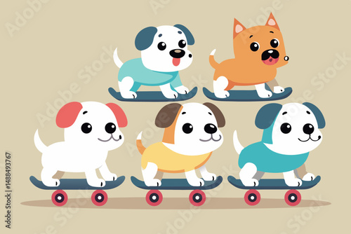 Adorable Cartoon Dogs Skateboarding Together in a Row